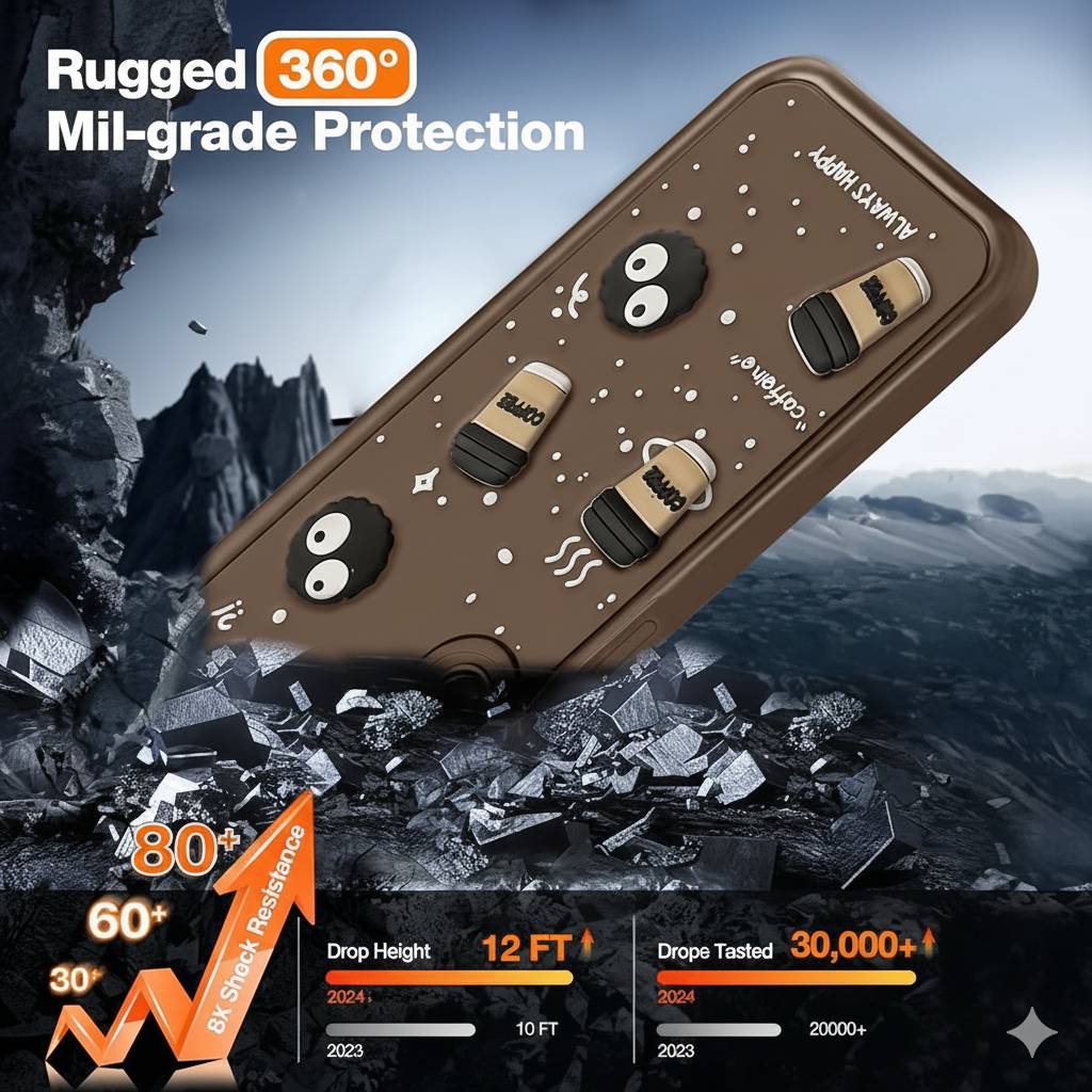 Phone case with 'Rugged 360' branding and durability features on a rugged background