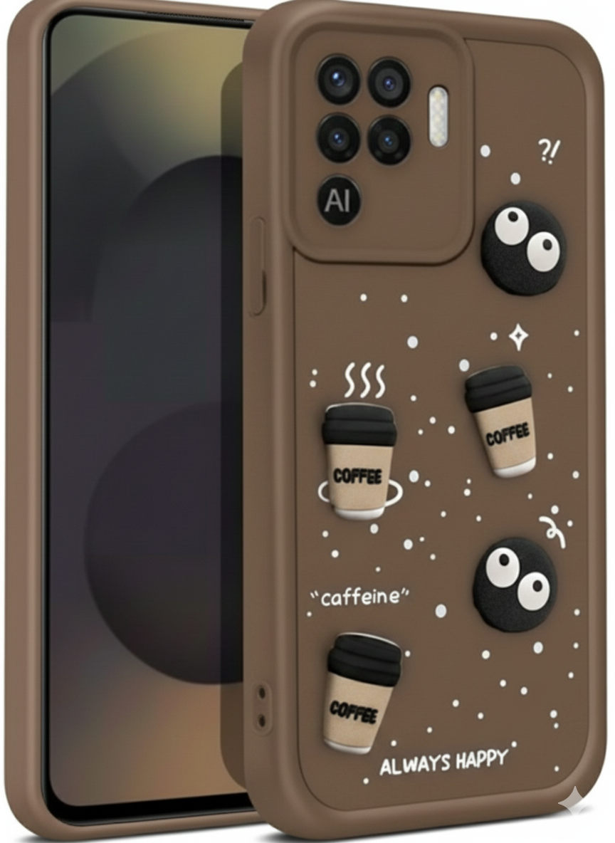 Brown phone case with coffee-themed decorations on a white background