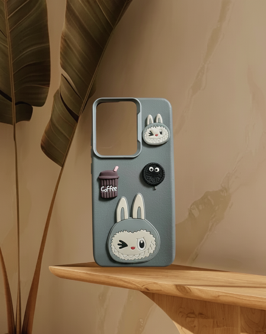 Oppo Reno 13 Pro 5G phone case, gray color, with three 3D Labubu bunny charms, a black cookie balloon, and a brown coffee cup charm, sitting on a wooden shelf.