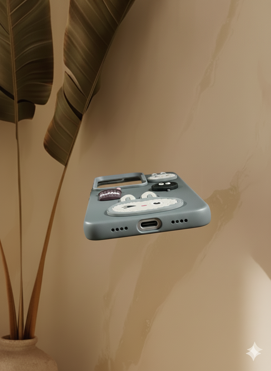 Oppo Reno 13 Pro 5G phone case, gray color, with three 3D Labubu bunny charms, a black cookie balloon, and a brown coffee cup charm, sitting on a wooden shelf.