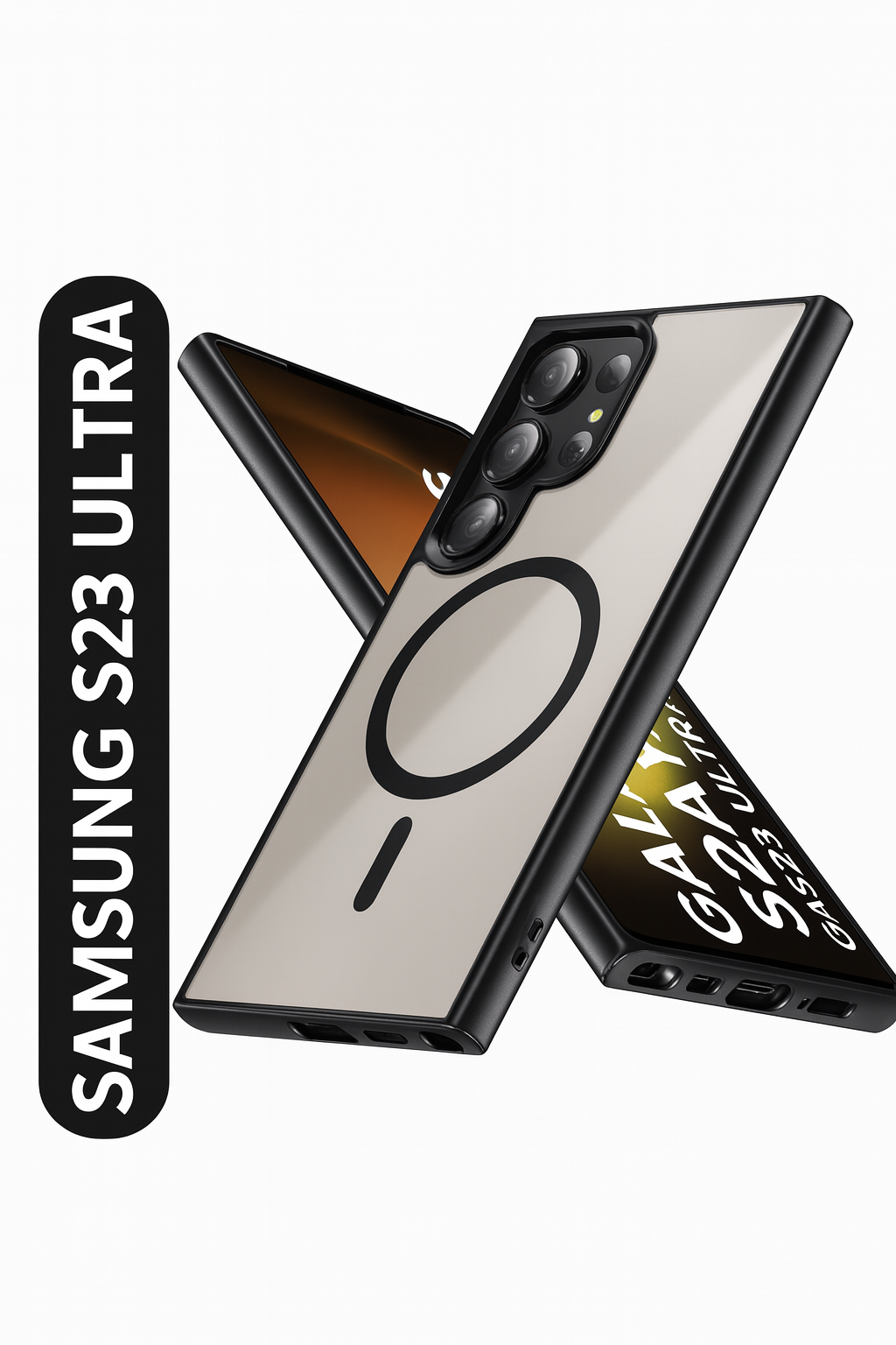 Clear MagSafe-compatible hybrid case on Samsung S23 Ultra with black bumper edges and raised camera protection.