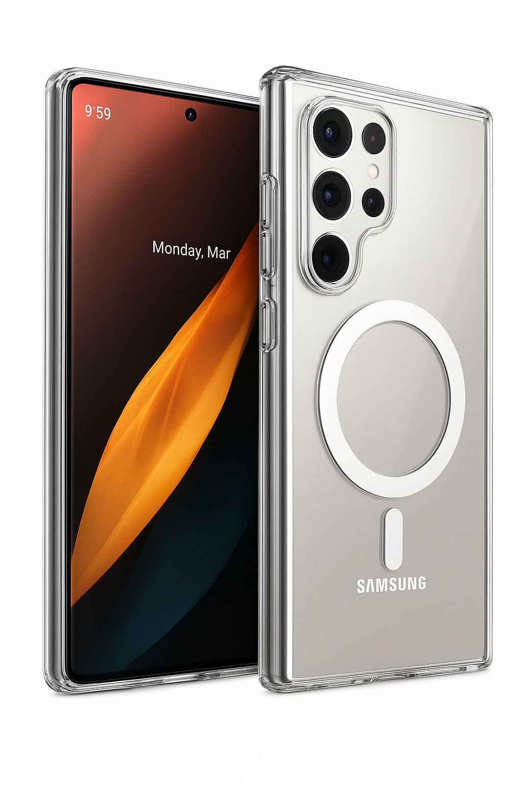 Transparent MagSafe-compatible clear case on Samsung Galaxy S24 Ultra, featuring crystal-clear back, raised camera protection, and durable shockproof TPU edges.