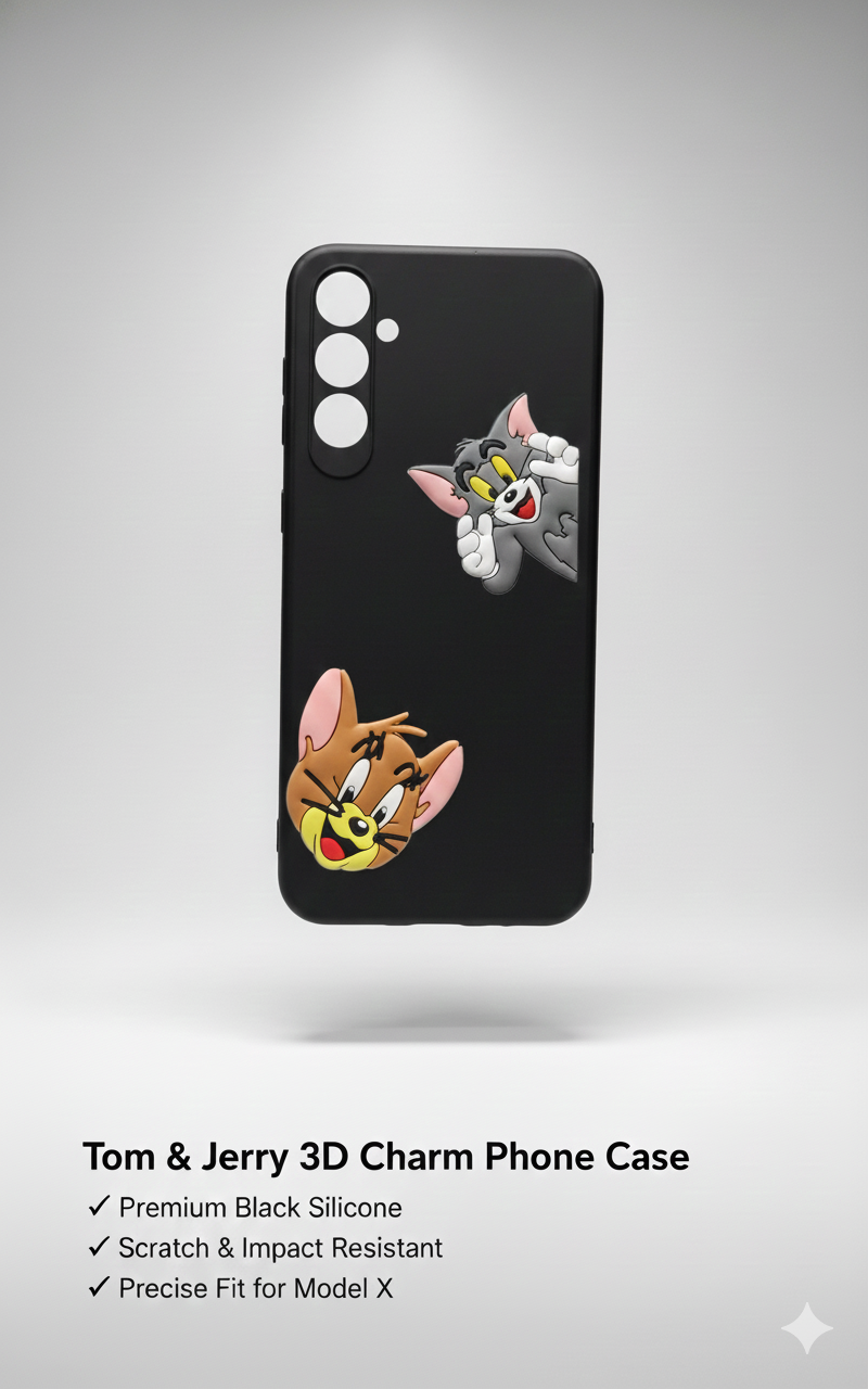 HD quality catalog image of a black Samsung Galaxy phone case featuring 3D Tom the cat and Jerry the mouse cartoon charms, floating on a clean gray background with key feature text.