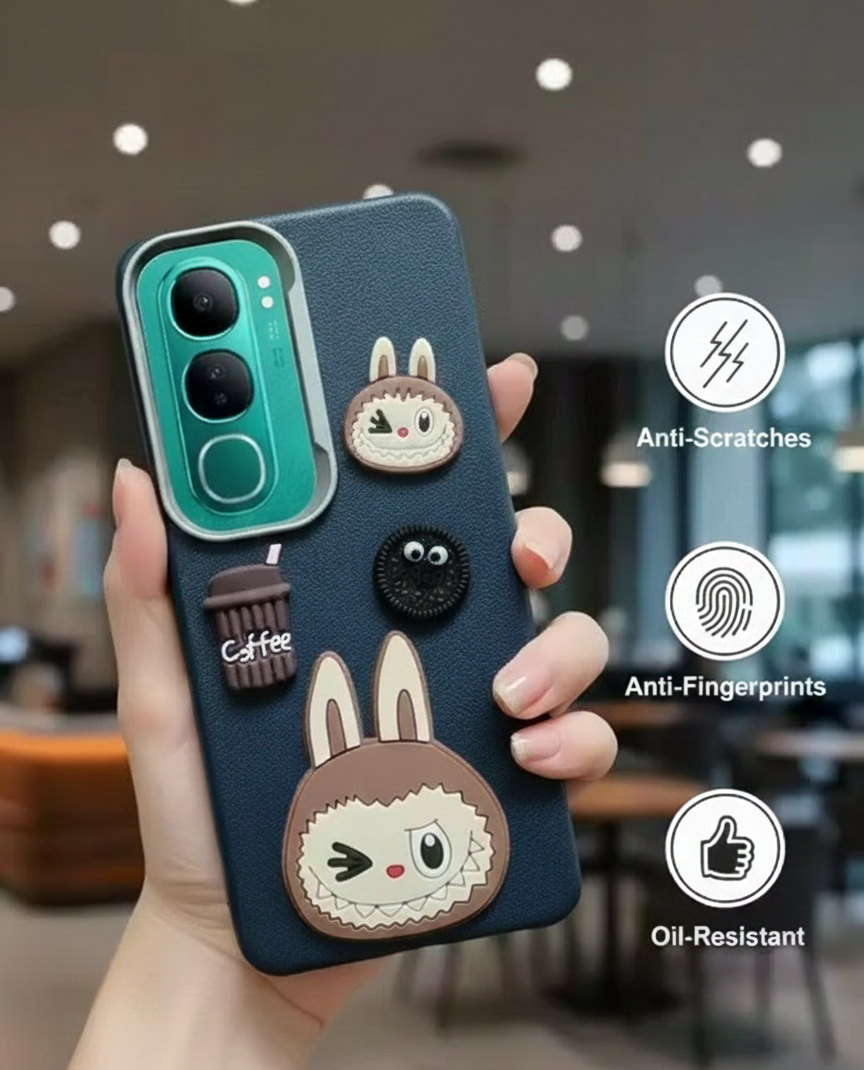 A hand holding VIVO Y300 5G cover of labubu 