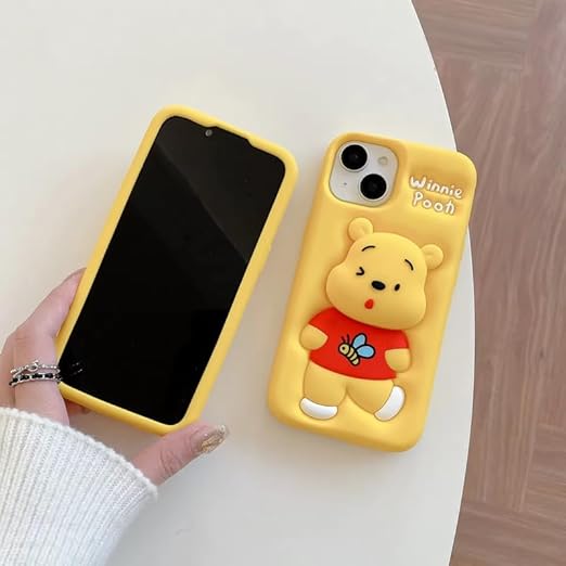 💛 3D Pooh Cartoon Case 🧸 | Soft Silicone | Cute Protective Cover for iPhone 🌼 -Luxro
