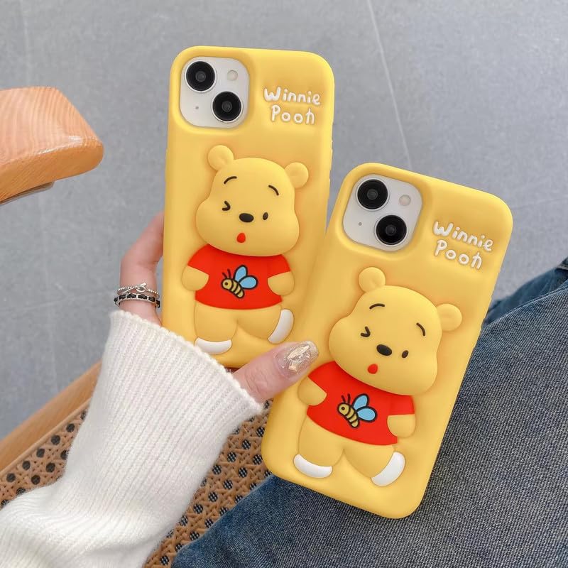 💛 3D Pooh Cartoon Case 🧸 | Soft Silicone | Cute Protective Cover for iPhone 🌼 -Luxro